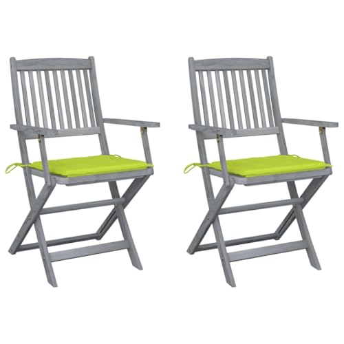 Qnhdfrt Klappbare Gartenstühle 2 Stück mit Sitzkissen Massivholz Akazie Graue Lasur Hellgrüne Polster Modernes Design Robust Faltbar für Garten Terrasse Balkon Outdoor von Qnhdfrt