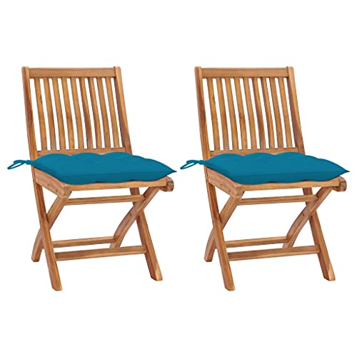Qnhdfrt Klappbare Gartenstühle 2er Set aus massivem Teakholz mit hellblauen Sitzpolstern 46,5 x 58 x 88 cm Modernes Design für Balkon Camping Terrasse von Qnhdfrt