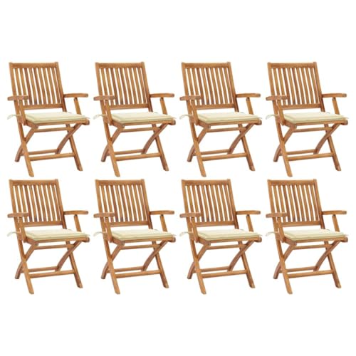 Qnhdfrt Klappbare Gartenstühle Teak 8er Set 56x58x88 cm Zeitloses Holz-Design mit Creme-Kissen platzsparend faltbar robust für Balkon Terrasse Camping Strand und Outdoor Lounge von Qnhdfrt