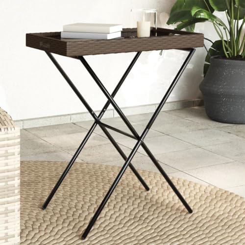 Qnhdfrt Klappbarer Beistelltisch Braun 65x40x75 cm Aus Flachem PE-Rattan Mit Abnehmbarem Tablett Faltbar Und Stabil Für Balkon Terrasse Garten Camping von Qnhdfrt