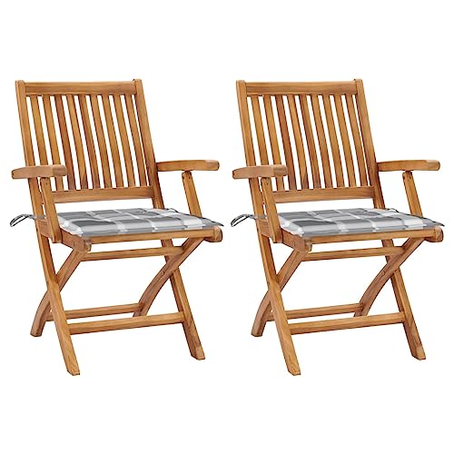 Qnhdfrt Klappbarer Gartenstuhl Set 2er Massiv Teakholz 56x58x88 cm Graue Karo Auflage Space-Saving Balkonstuhl Robustes Outdoor Möbel für Garten Terrasse Balkon Camping von Qnhdfrt