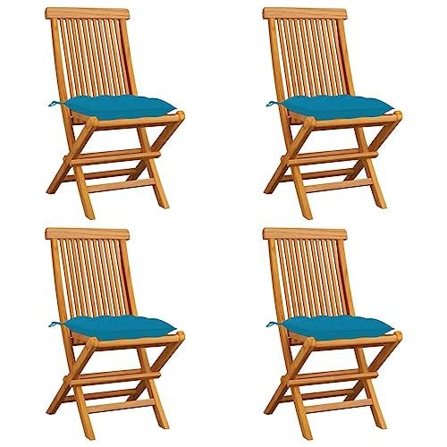 Qnhdfrt Klappbarer Gartenstuhl mit Hellblauen Kissen 4er Set aus Massivholz Teak Robust Witterungsbeständig Faltbar Leicht für Garten Balkon Camping von Qnhdfrt