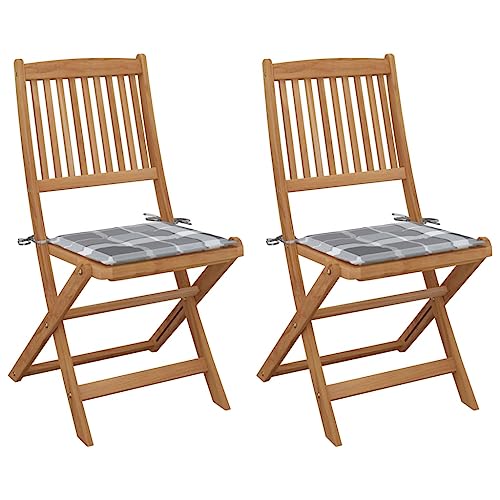 Qnhdfrt Klappstühle 2 Stück Massivholz Akazie faltbar mit Sitzkissen Grau Karo - Robuste Gartenstühle für Terrasse Balkon Camping von Qnhdfrt