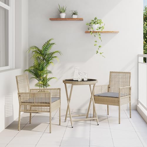 Qnhdfrt Klapptisch Set 2er Garten Bistro mit Kissen Beige Faltbar Rund Synthetisches Rattan Outdoor Mobiliar für Balkon Terrasse von Qnhdfrt