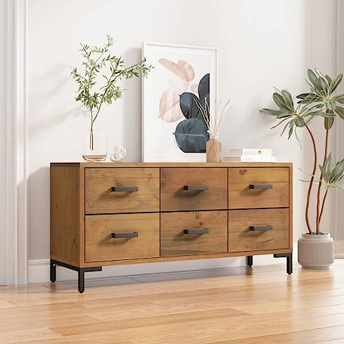Qnhdfrt Kommode aus Massivholz Kiefer Braun 110x30x45 cm mit 6 Schubladen Metallbeinen Industrieller Look Stabile Aufbewahrung für Wohnzimmer Flur von Qnhdfrt