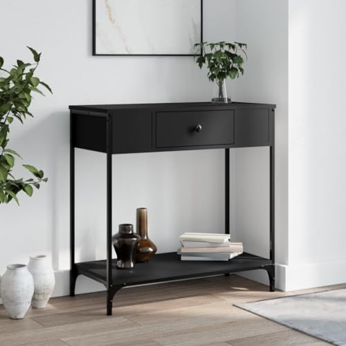 Qnhdfrt Konsolentisch Schwarz 75x34,5x75 cm aus Holzwerkstoff und Metall mit Stauraum verstellbaren Beinen und Wandhalterung für Flur Wohnzimmer Eingangsbereich von Qnhdfrt