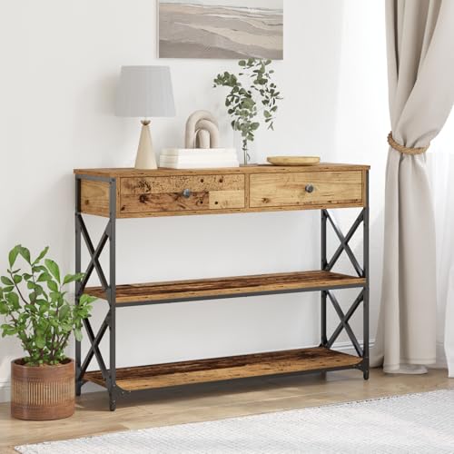 Qnhdfrt Konsolentisch aus Altholz und Stahl 100x28x75 cm Braun mit Distressed Oberfläche, Industrieller Look mit 2 Schubladen und Regalen, Stabiles Möbelstück für Wohnzimmer und Flur als Beistelltisch von Qnhdfrt