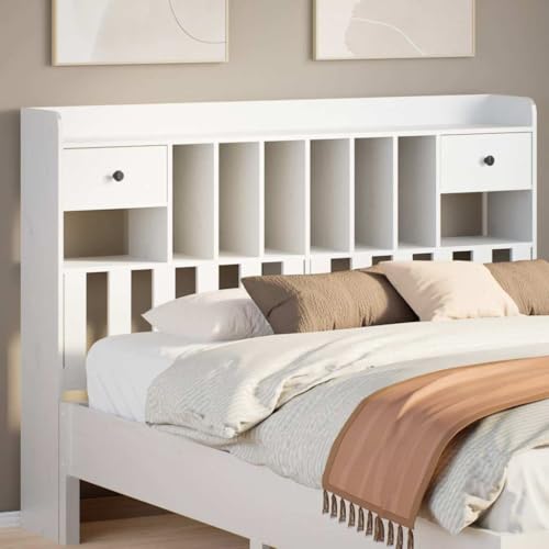 Qnhdfrt Kopfteil mit Stauraum Weiß 160 cm Massivholz Kiefer freistehend 166 x 23 x 110 cm 6 Fächer 2 Schubladen Modernes Design für Schlafzimmer Kleiner Räume von Qnhdfrt