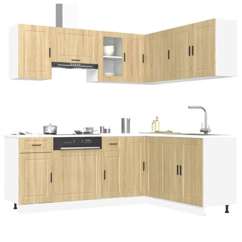 Qnhdfrt Küchenschrank Set 11-TLG. Porto Sonoma-Eiche Holzwerkstoff und Glas - Modernes Design mit viel Stauraum, Verstellbaren Füßen und Leichter Reinigung für Kücheneinrichtung von Qnhdfrt
