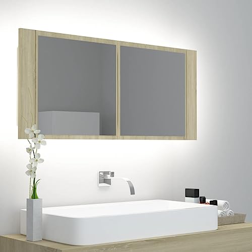 Qnhdfrt LED Badezimmerschrank mit Spiegel Acryl RGB Beleuchtung Sonoma-Eiche 100x12x45 cm Schmaler Badschrank für WC Badezimmer von Qnhdfrt