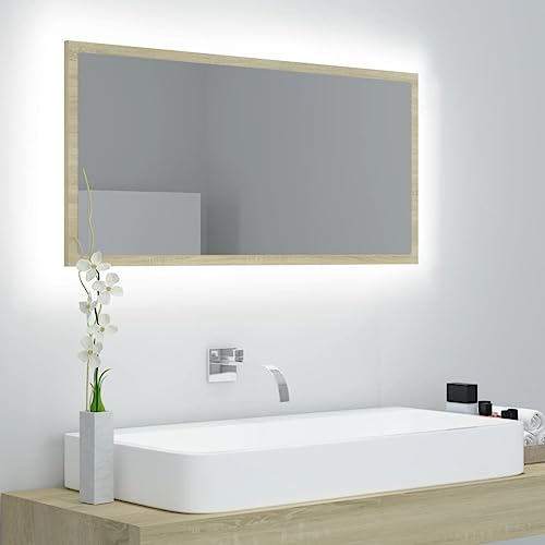 Qnhdfrt LED Badspiegel mit RGB Beleuchtung Sonoma-Eiche 90x8,5x37 cm Acryl Wandspiegel für Badezimmer Küche Flur Modernes Design Einfache Reinigung Horizontal oder Vertikal Montierbar von Qnhdfrt