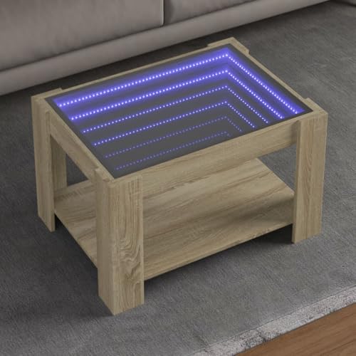 Qnhdfrt LED Couchtisch mit Infinity Spiegel Sonoma Eiche Holzwerkstoff 73x53x45 cm RGB Beleuchtung Beistelltisch für Wohnzimmer Schlafzimmer von Qnhdfrt