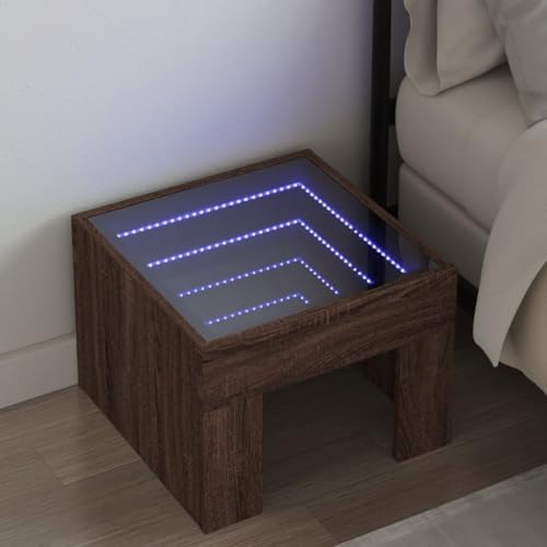 Qnhdfrt LED-Infinity Nachttisch Braun Eichen-Optik 40x40x30 cm mit RGB-Beleuchtung und USB-Anschluss Stabiles Design für Schlafzimmer von Qnhdfrt