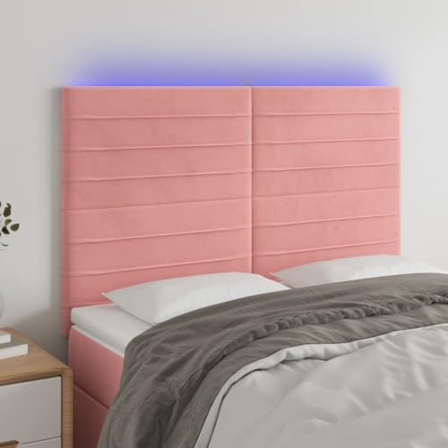 Qnhdfrt LED Kopfteil Bett 144x118/128 cm Rosa Samt mit bunter Beleuchtung Höhenverstellbar Modernes Design für Schlafzimmer Jugendzimmer von Qnhdfrt