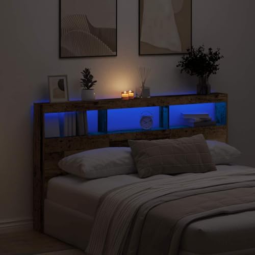 Qnhdfrt LED Kopfteil Bett 180 cm Altholz RGB Beleuchtung Moderne Rückenlehne mit Ablage Langlebiges Holzwerkstoff für Schlafzimmer von Qnhdfrt