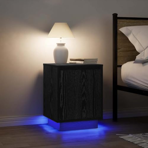 Qnhdfrt LED Nachttisch Schwarz 2er Set Holzwerkstoff RGB-Beleuchtung 38x34x50 cm mit Stauraum für Schlafzimmer Modernes Design von Qnhdfrt
