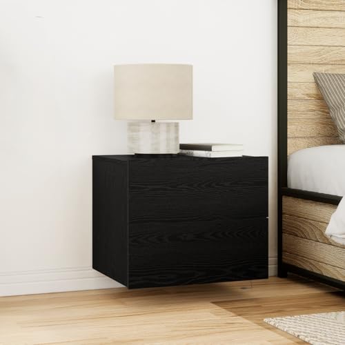Qnhdfrt LED Nachttisch Wandmontage Schwarz Eiche Modern Rechteckig mit 2 Schubladen Stauraum Kleiner Schmaler Beistelltisch 50 cm Breite x 39 cm Höhe x 41 cm Tiefe für Schlafzimmer von Qnhdfrt