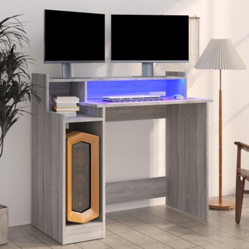Qnhdfrt LED Schreibtisch Grau Sonoma Holzwerkstoff 97x45x90 cm Moderner Computertisch mit integrierter Beleuchtung großer Arbeitsfläche für Homeoffice Gaming und Büro von Qnhdfrt