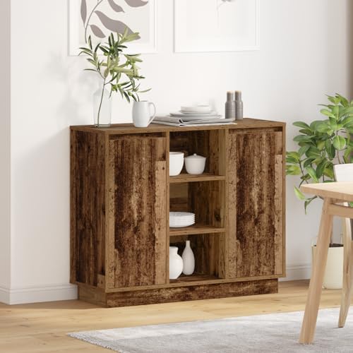 Qnhdfrt LED Sideboard Alt Holz 90x32x75 cm Braun Nachttisch mit Regalen und Fächern Rustikaler Beistelltisch für Schlafzimmer von Qnhdfrt