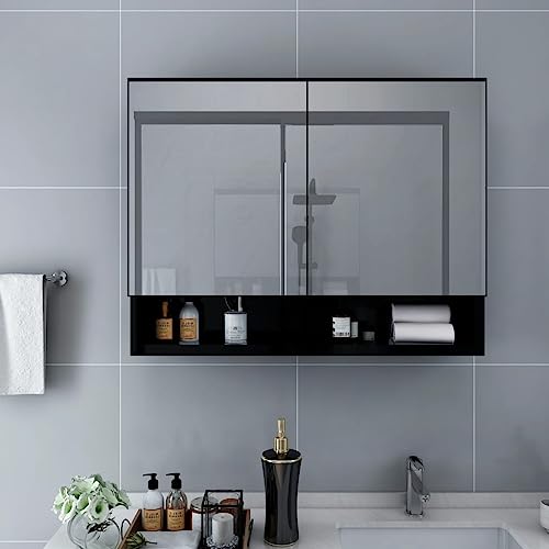 Qnhdfrt LED Spiegelschrank Schwarz mit Beleuchtung schmal 80x15x60 cm MDF Glas Badezimmerschrank mit Regalen und Einlegeböden für optimale Organisation von Qnhdfrt