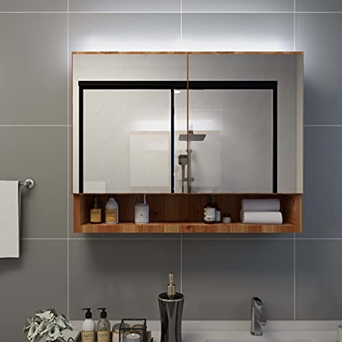 Qnhdfrt LED Spiegelschrank mit Beleuchtung für Badezimmer Schmal Eichenbraun Silbern 80x15x60 cm Modernes Design MDF Stauraum Badezimmermöbel von Qnhdfrt