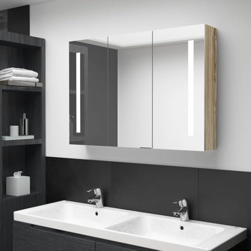 Qnhdfrt LED Spiegelschrank mit Integrierter Beleuchtung für Badezimmer, Schmal 89x14x62 cm Eichenoptik, Wandmontage mit 5 Ablagen und Energieeffizienten LEDs von Qnhdfrt
