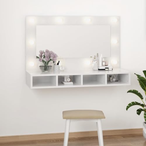 Qnhdfrt LED Spiegelschrank mit USB-Beleuchtung Hochglanz-Weiß 90x31,5x62 cm – Schmaler Badezimmerschrank für Wandmontage oder Aufstellung mit 4 Offenen Fächern von Qnhdfrt