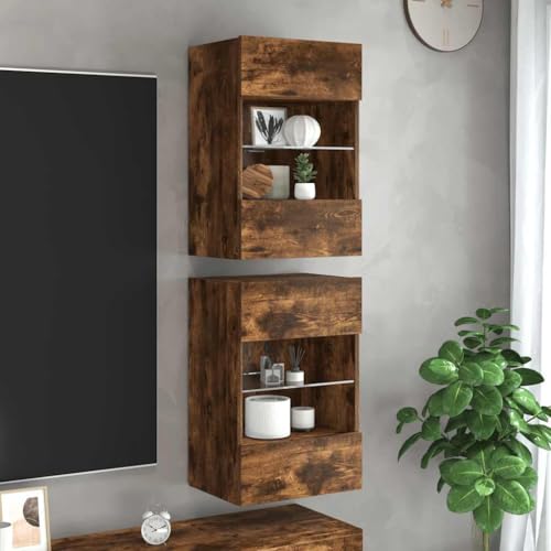 Qnhdfrt LED TV Sideboard 2er Set Räuchereiche 40 x 30 x 60,5 cm Wandhängendes Lowboard mit RGB Beleuchtung und Glasablage Modernes Design für Wohnzimmer Schlafzimmer Flur von Qnhdfrt