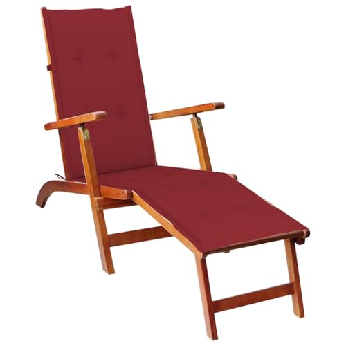 Qnhdfrt Liegestuhl aus massivem Akazienholz mit Verstellbarer Rückenlehne und weinroter Polyester-Auflage – Klappbarer Sonnenliege für Garten, Balkon und Strand von Qnhdfrt