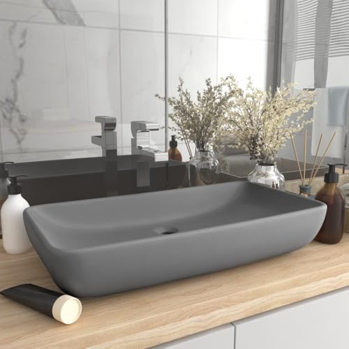 Qnhdfrt Luxus Waschbecken Rechteckig Matt Hellgrau 71x38 cm Keramik Aufsatzwaschbecken mit Modernem Design für Badezimmer Gäste WC und Küche von Qnhdfrt