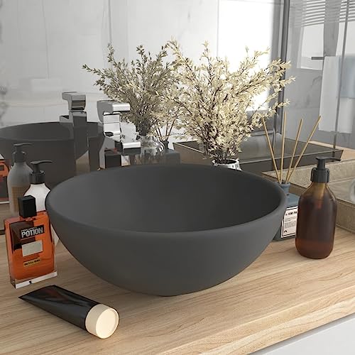 Qnhdfrt Luxus Waschbecken Rund Matt Dunkelgrau 32,5x14 cm Keramik Aufsatzwaschbecken mit Modernem Design für Badezimmer Gäste WC und Küche von Qnhdfrt