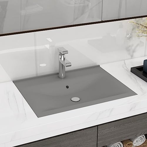 Qnhdfrt Luxus Waschbecken aus Keramik Matt Hellgrau 60x46 cm Modernes Design mit Hahnloch und Überlauf Für Badezimmer Gäste WC Küche Garage von Qnhdfrt