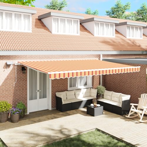 Qnhdfrt Manuell Ausziehbare Markise Gelb Orange 500x300 cm mit LED Beleuchtung für Balkon Terrasse Garten Gelenkarmmarkise mit Gestreiftem Design Wetterfester Sonnenschutz von Qnhdfrt