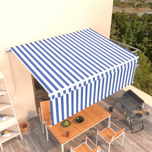Qnhdfrt Manuell Einziehbare Markise mit Rollo 4,5x3 m Blau Weiß für Balkon Terrasse Garten Sonnenschutz von Qnhdfrt