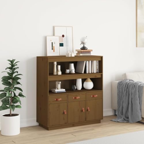 Qnhdfrt Massivholz Highboard Honigbraun 100x40x108,5 cm Mit Schubladen und Türen Landhausstil Beistellschrank für Wohnzimmer Schlafzimmer Büro von Qnhdfrt