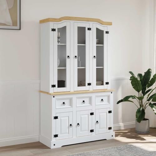 Qnhdfrt Massivholz Highboard Sideboard Schrank Weiß 112x43x196 cm mit 3 Schubladen 6 Türen Landhausstil Design für Wohnzimmer Küche Flur von Qnhdfrt