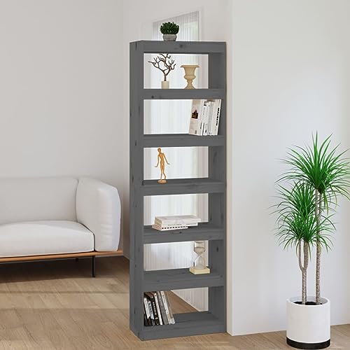 Qnhdfrt Massivholz Kiefer Bücherregal Hoch Schmal Grau 60x30x199,5 cm mit 6 Fächern Stabiles Regal als Raumteiler für Wohnzimmer Flur und mehr von Qnhdfrt