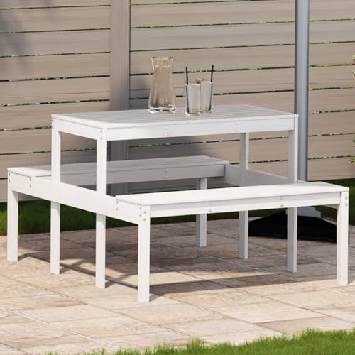 Qnhdfrt Massivholz Kiefer Picknicktisch 110x134x75 cm Weiß Outdoor Gartentisch für Garten Terrasse Balkon mit Robuster Konstruktion und Latten-Design von Qnhdfrt