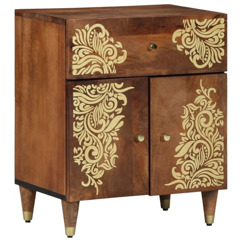 Qnhdfrt Massivholz Mango Nachttisch mit floralem Golddesign 50x33x60 cm Braun mit Schublade und 2 Türen für Schlafzimmer von Qnhdfrt