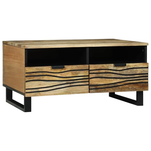 Qnhdfrt Massivholz Mangoholz Couchtisch Braun Modern Rechteckig 110x55x40 cm mit Wellenmuster Schubladen und Metallrahmen für Wohnzimmer Stauraum von Qnhdfrt