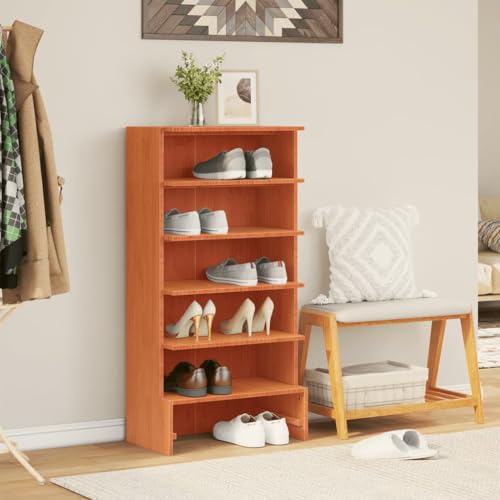 Qnhdfrt Massivholz Schuhregal Hoch Schmal Wachsbraun 52x30x104 cm Platzsparender Schuhschrank mit 6 Fächern für Flur oder Wohnmobil von Qnhdfrt