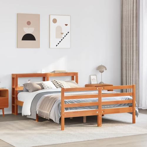 Qnhdfrt Massivholzbett 150x200 cm Wachsbraun Kiefernholz Doppelbett mit Stauraum Kopfteil Lattenrost Jugendzimmer und Gästezimmer von Qnhdfrt