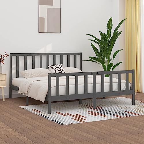 Qnhdfrt Massivholzbett Grau 200x200 cm Bettgestell aus Kiefernholz mit Robustem Design und Bequemem Kopfteil für Schlafzimmer Gästebett oder Doppelbett von Qnhdfrt