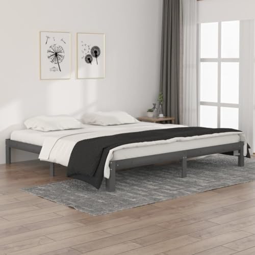 Qnhdfrt Massivholzbett Grau Kiefer 200x200 cm Modernes Design mit Stabilen Sperrholzlatten und Rustikaler Optik für Schlafzimmer Gästebett oder Familienbett von Qnhdfrt
