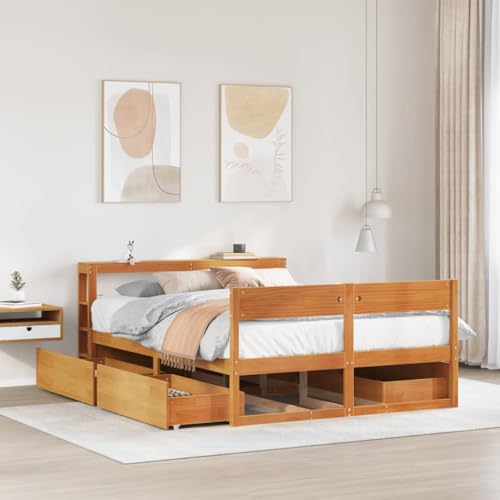 Qnhdfrt Massivholzbett Kiefernholz 140x200 cm mit Lattenrost und Stauraum Schubladen Rustikales Design für erholsamen Schlaf Gästebett oder Familienbett von Qnhdfrt