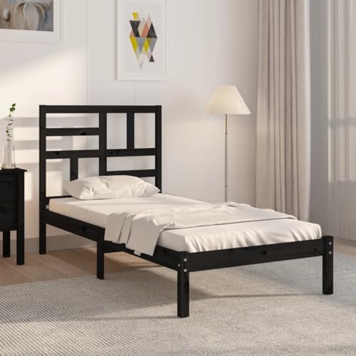 Qnhdfrt Massivholzbett Schwarz 75x190 cm Modernes Einzelbett mit Stabilen Kiefernholz Rahmen und Bequemem Kopfteil für Schlafzimmer Gästezimmer Jugendzimmer von Qnhdfrt