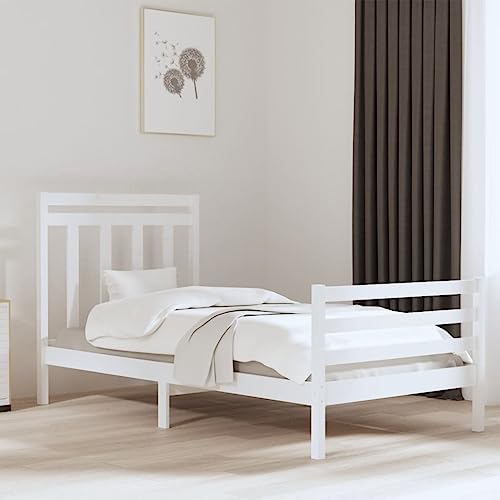 Qnhdfrt Massivholzbett Weiß 100x200 cm aus Kiefernholz mit Kopfteil und Sperrholzlattenrost Rustikales Design & Hoher Schlafkomfort für Schlafzimmer Gästebett oder Jugendzimmer von Qnhdfrt