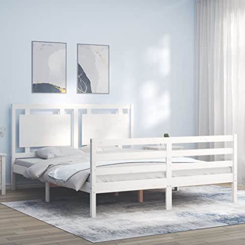 Qnhdfrt Massivholzbett Weiß mit Kopfteil und Fußteil 160x200 cm aus Kiefernholz Robustes Bettgestell mit Sperrholzlatten für Erholsamen Schlaf Gästebett oder Familienbett von Qnhdfrt