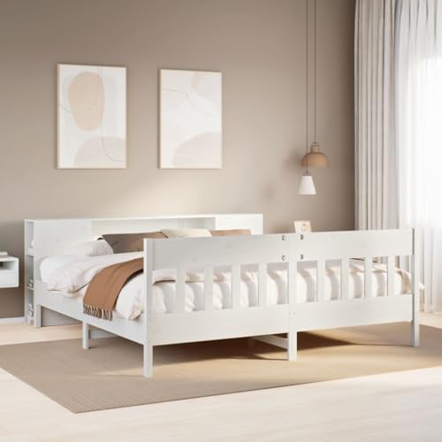 Qnhdfrt Massivholzbett mit Bücherregal Kiefer Weiß 180x200 cm Stabiles Bettgestell mit Lattenrost und praktischem Stauraum für Schlafzimmer Gästebett oder Jugendzimmer von Qnhdfrt