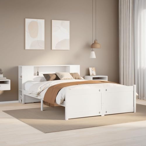 Qnhdfrt Massivholzbett mit Bücherregal Kopfteil Kiefernholz Bettgestell 135x190 cm Weiß Lattenrost Stauraum für Kinderzimmer Jugendzimmer Gästezimmer von Qnhdfrt